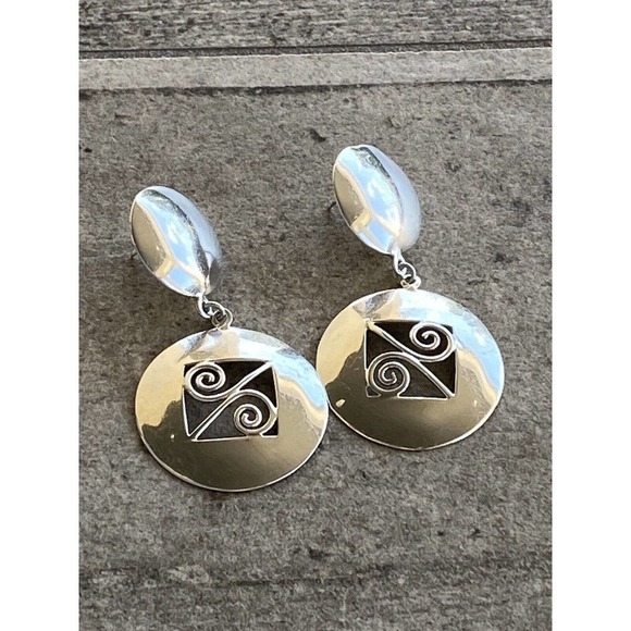 925 SU Sterling Silver Earrings Dangles Drops Vintage Circles Art Deco - Picture 2 of 10